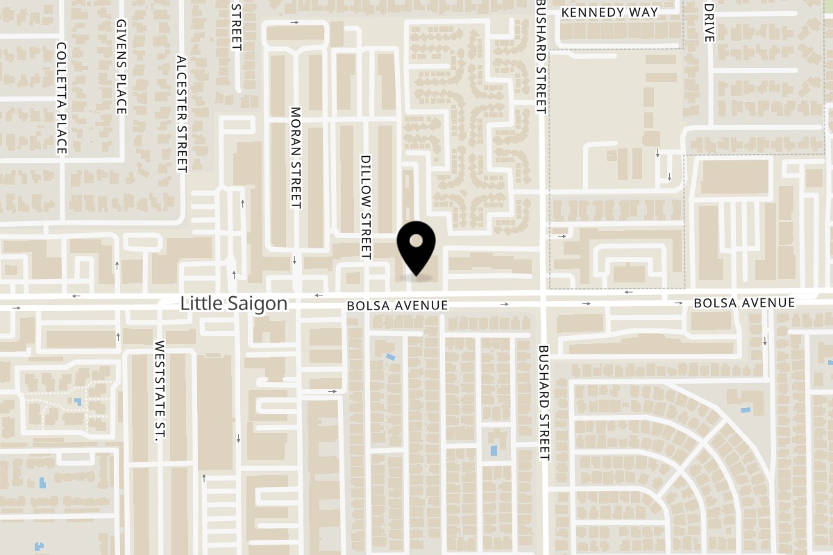 Map showing the location of Nok’s Kitchen on 9361 Bolsa Ave Suite 108 in Westminster